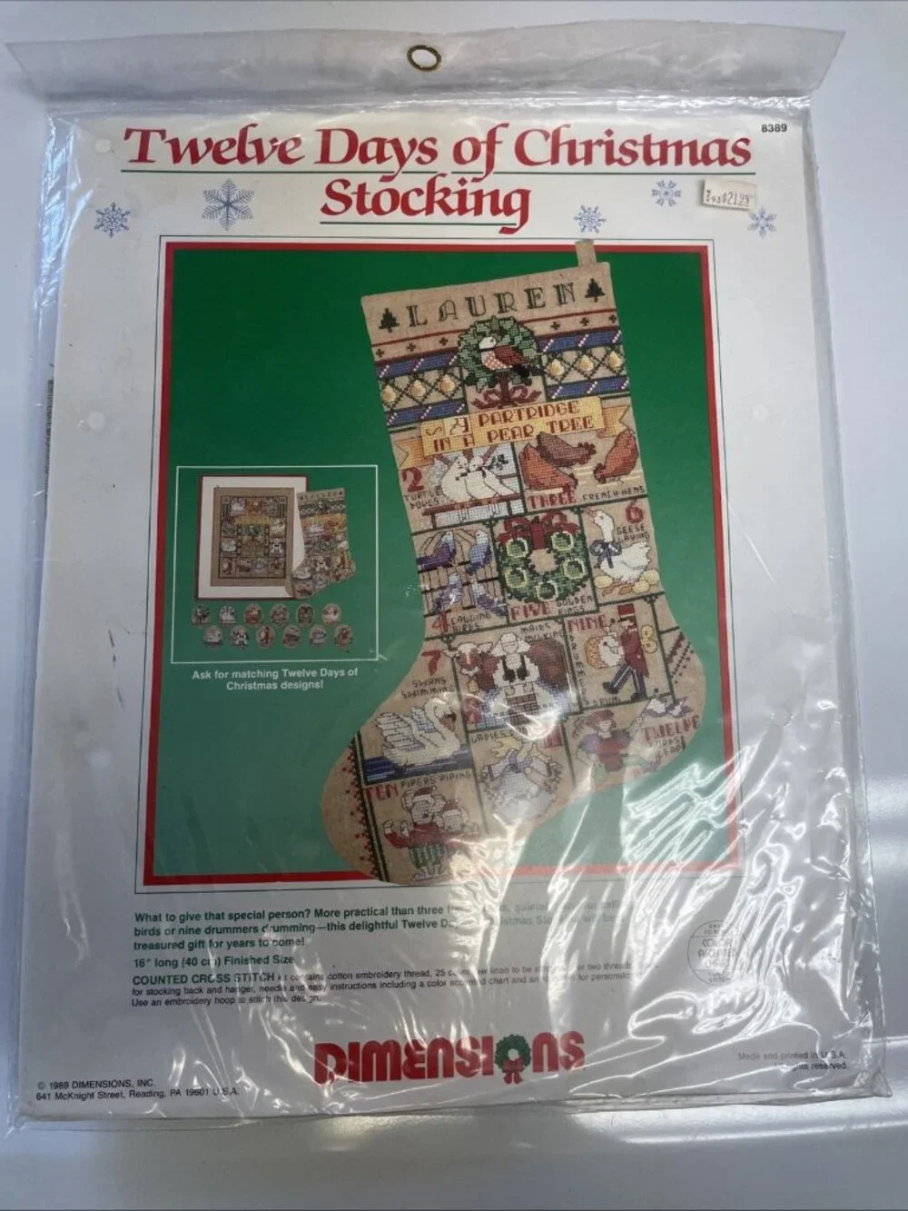 Vtg 1989 Twelve Days of Christmas Stocking Kit #8389 NOS Counted Cross Stitch